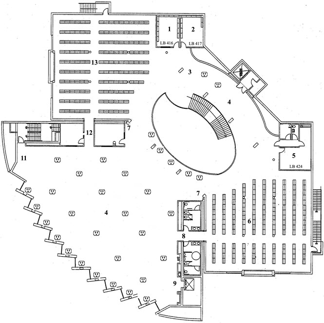 Diagram of the library third floor, showing location of items listed in third floor key above.